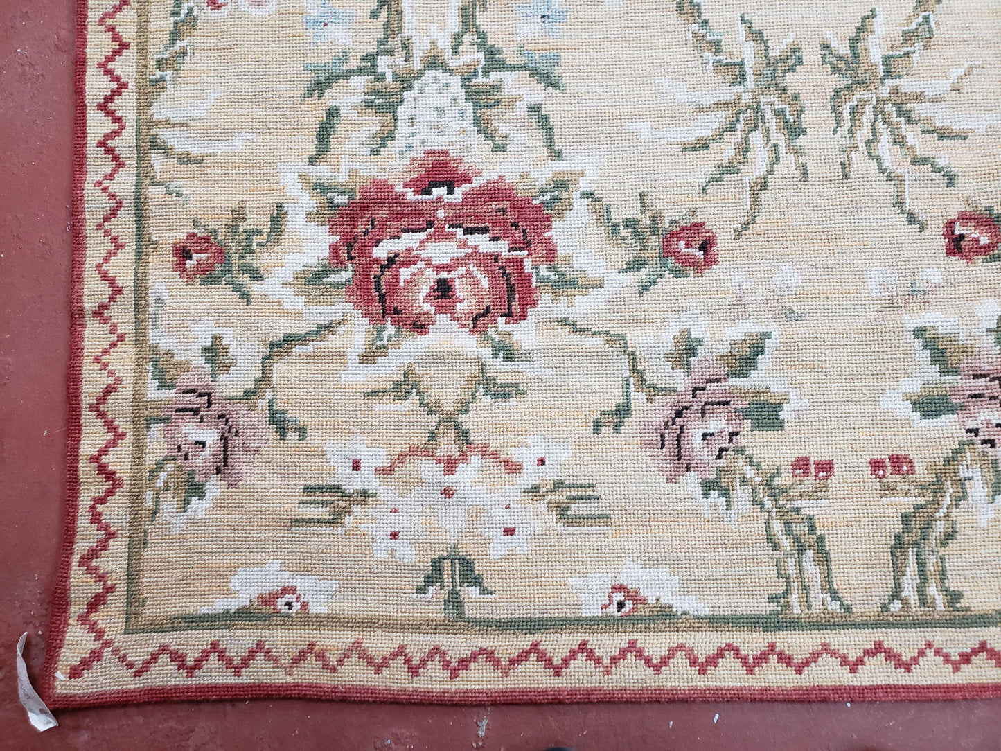 Needlepoint Rug 10x14 Wool Flatweave With English Floral Pattern In Pale Yellow Roses Handmade