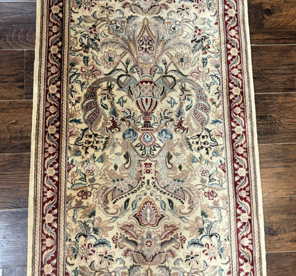 Pakistani Runner Rug 2.8 x 14 Handmade Wool Cream Floral Hallway Accent