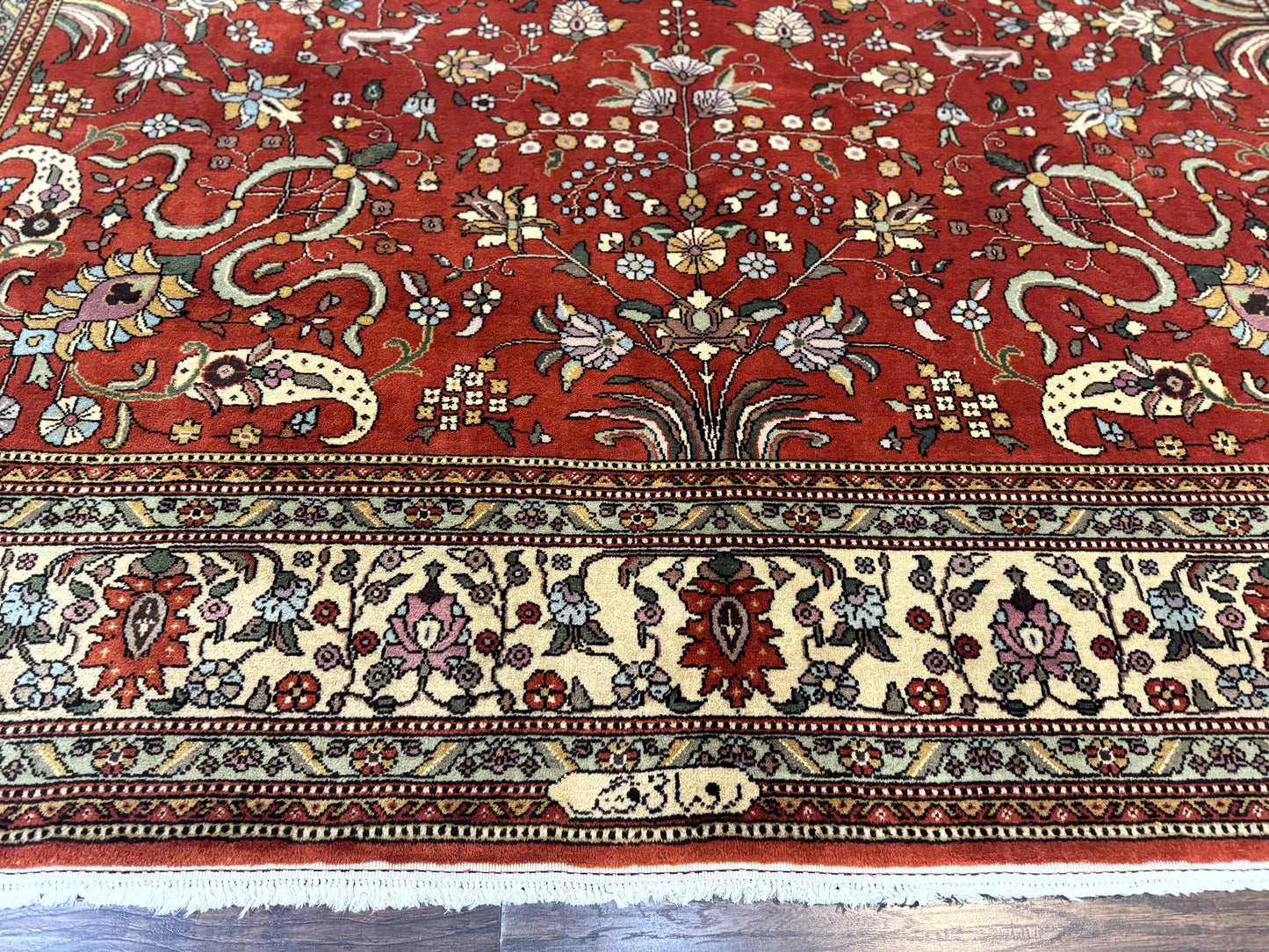 Romanian Rug Vintage Hand Knotted Wool Carpet 10x13 Floral Birds Red Cream Signed Masterweaver