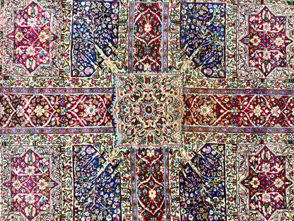 Persian Kirman Lavar Rug 8x9 Handmade Wool Carpet With Antique Floral Garden Panel Design