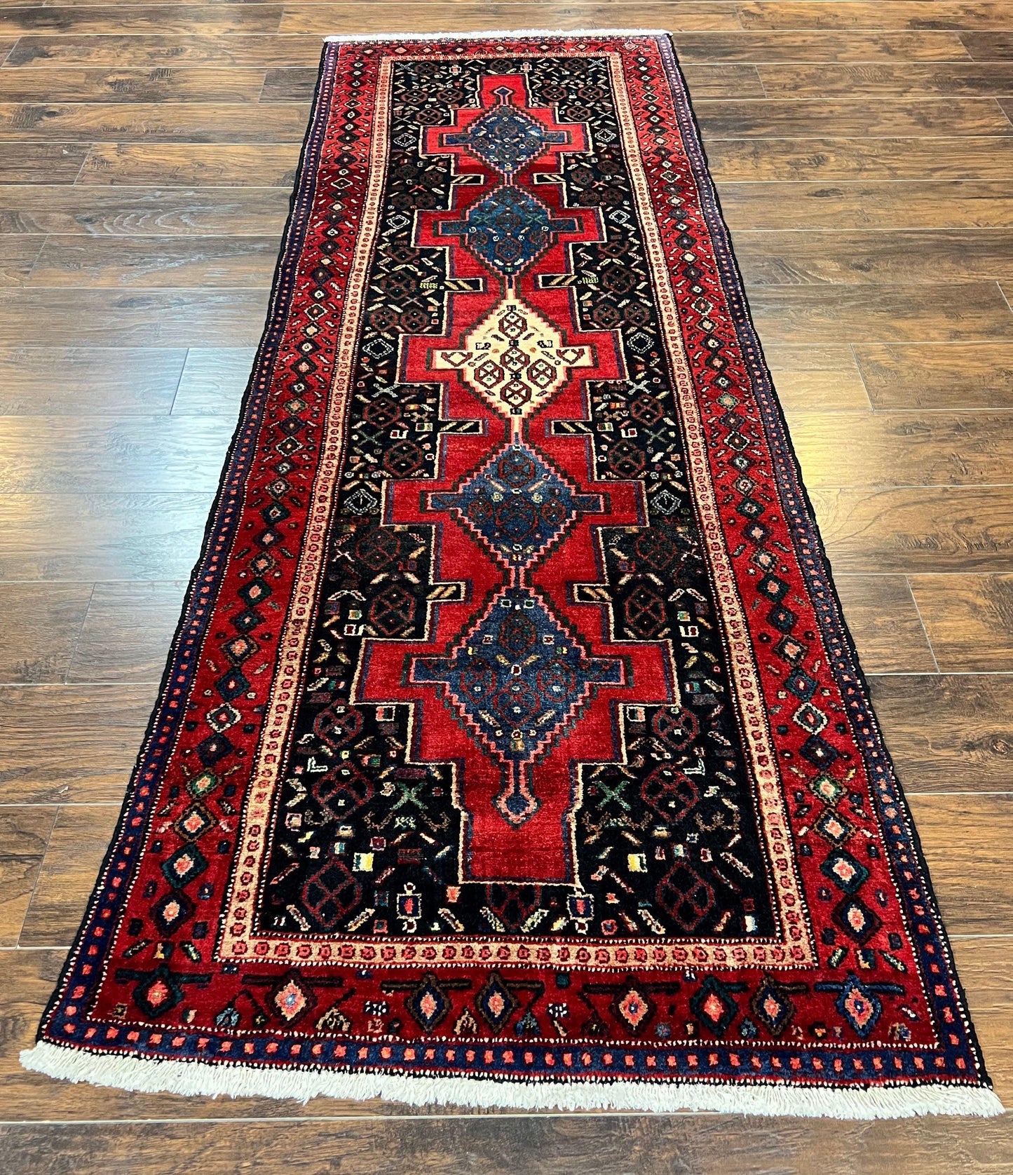 Senneh Runner Rug Persian Kurdish Handmade Wool 3x9 9ft Medallion Red Navy Blue Hallway Kitchen