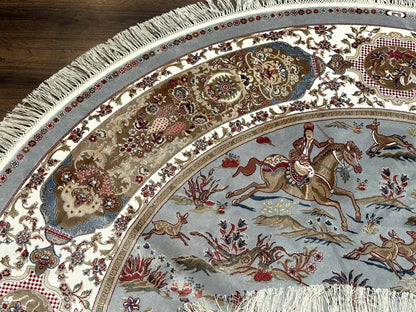 Round Silk Rug 6x6 Bamboo Silk Hunting Design With Animal Pictorials