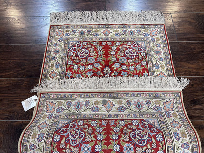 Silk Turkish Kayseri Rug 2x3 Hand Knotted Vintage Red Blue Carpet