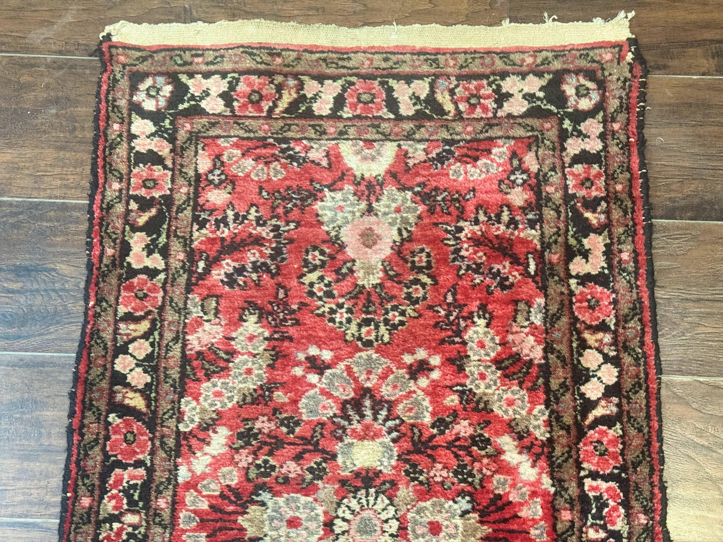 Persian Hamadan Runner Rug 2x13.6 Ft Hand Knotted Wool Red Floral Hallway Carpet