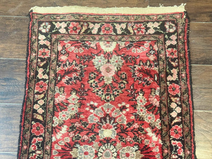 Persian Hamadan Runner Rug 2x13.6 Ft Hand Knotted Wool Red Floral Hallway Carpet