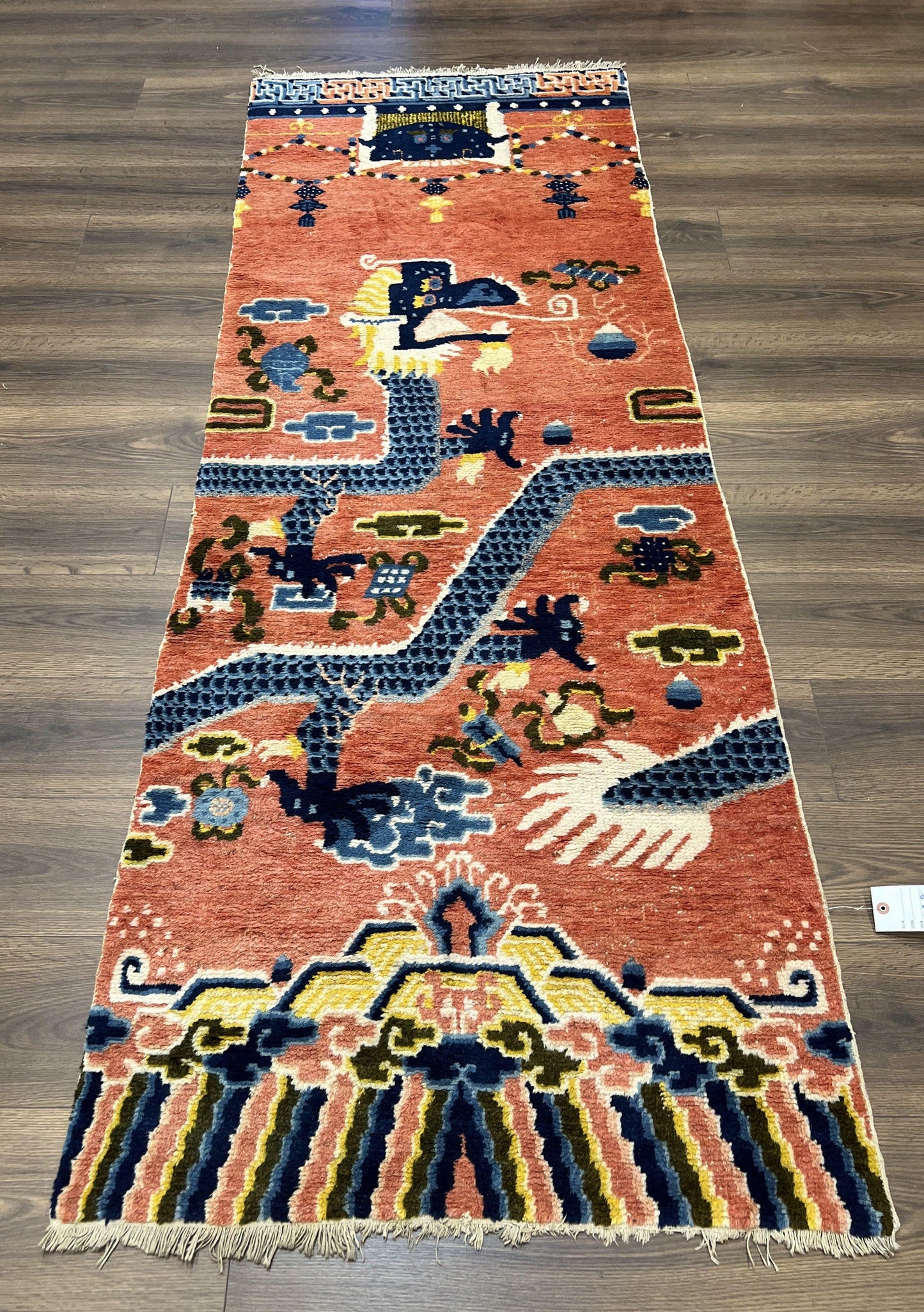 Ningxia Pillar Rug Hand Knotted Wool Carpet Five Clawed Dragon Border Late Qing Dynasty 3x8 Collectible