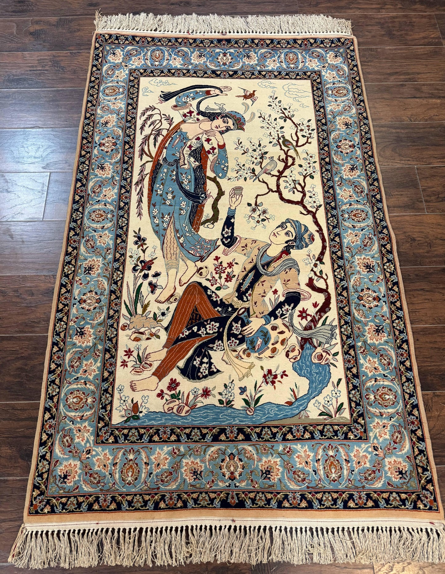 Persian Isfahan Pictorial Rug Two Lovers Kork Wool On Silk Foundation Ivory And Light Blue 500 KPSI Super Fine