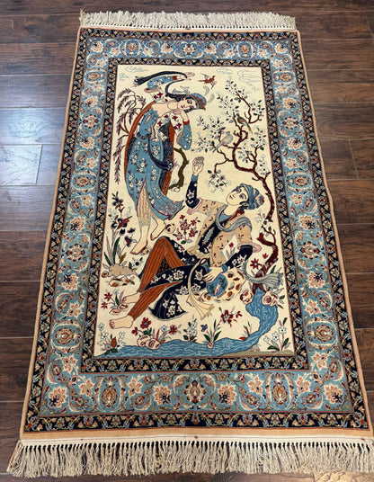 Persian Isfahan Pictorial Rug Two Lovers Kork Wool On Silk Foundation Ivory And Light Blue 500 KPSI Super Fine
