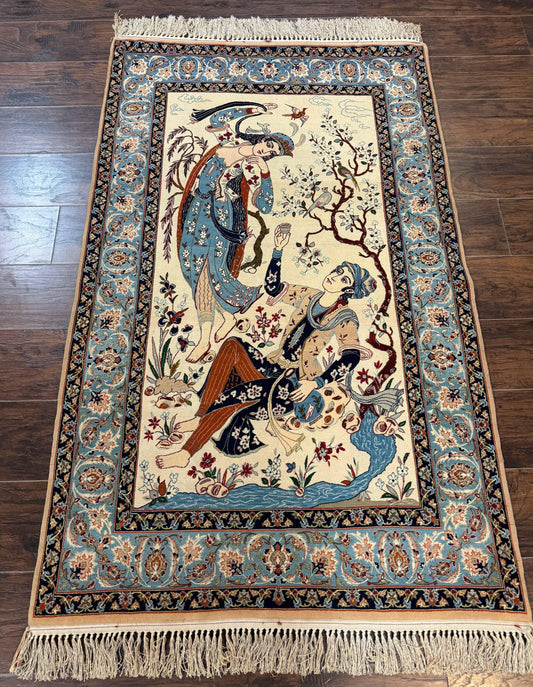 Persian Isfahan Pictorial Rug Two Lovers Kork Wool On Silk Foundation Ivory And Light Blue 500 KPSI Super Fine