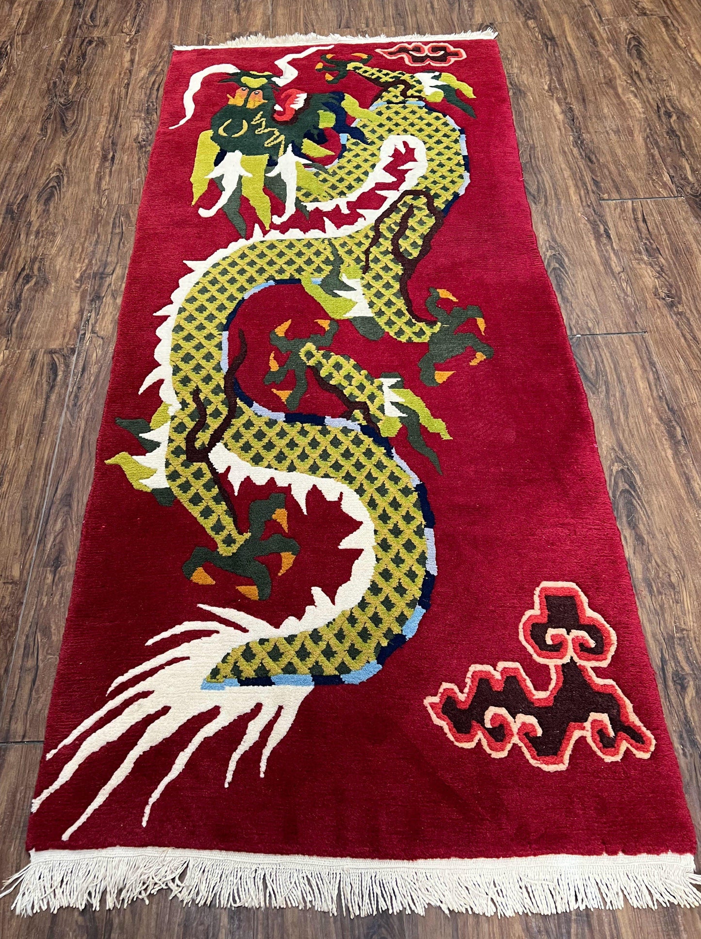 Vintage Chinese Dragon Rug 3x6.8 Handmade Hand Knotted Red Gold Dragon Art Deco Runner