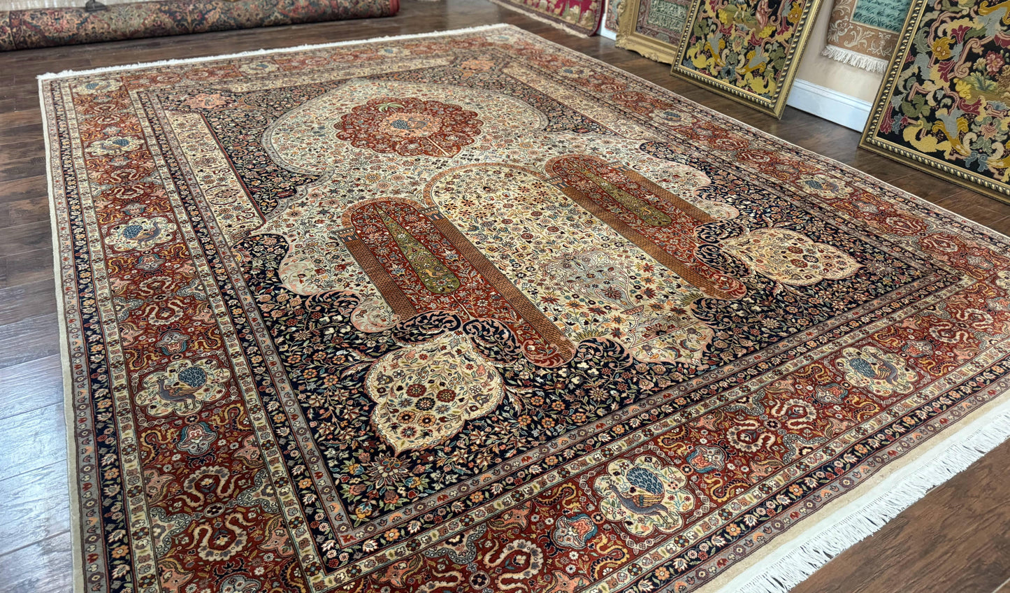 Handmade Persian Rug 9x12 Vintage Wool Floral Peacocks Very Fine 260 KPSI