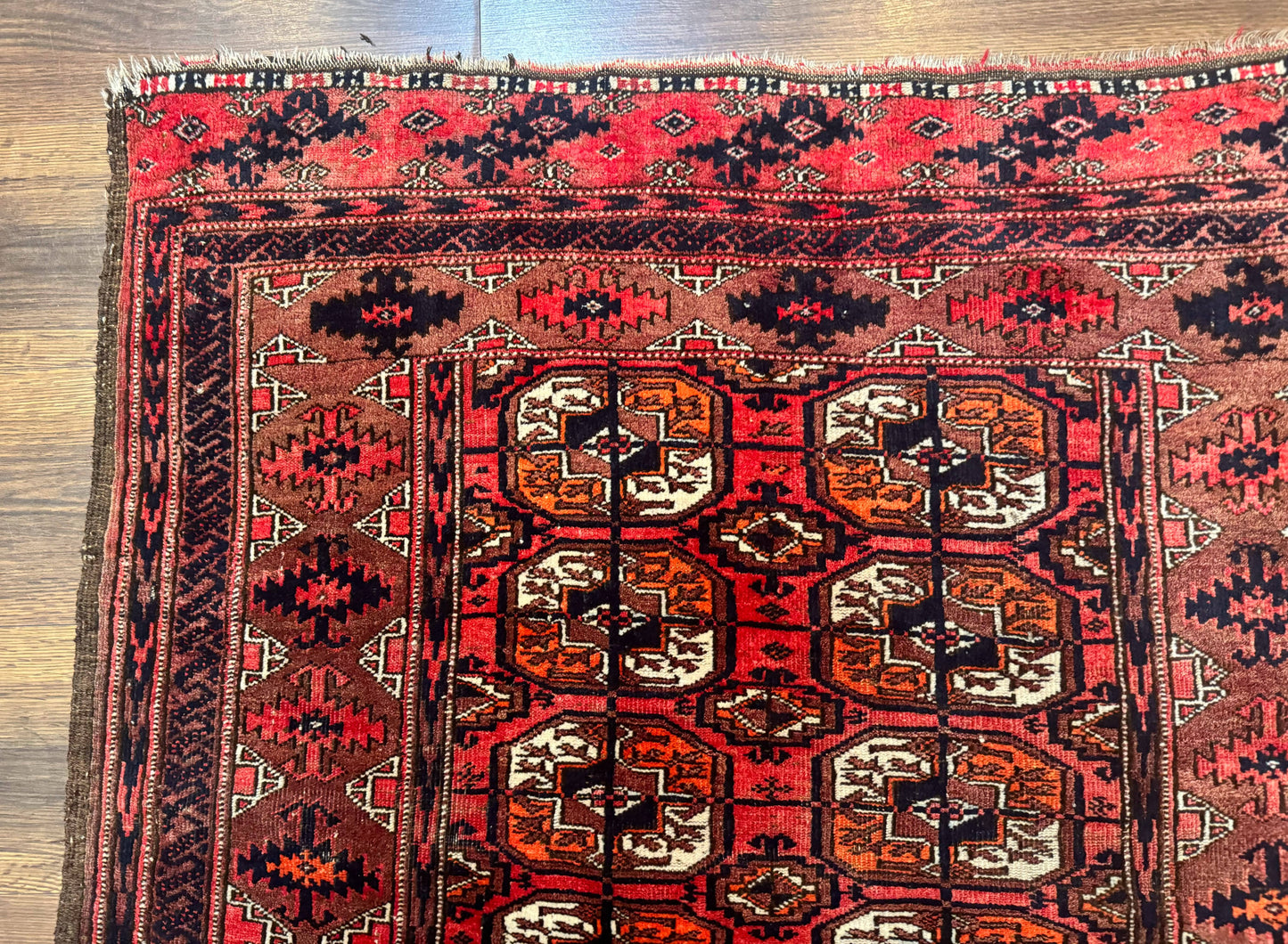 Antique Turkoman Rug Hand Knotted Wool Runner Red 3.7 By 6.7 Feet Home Decor