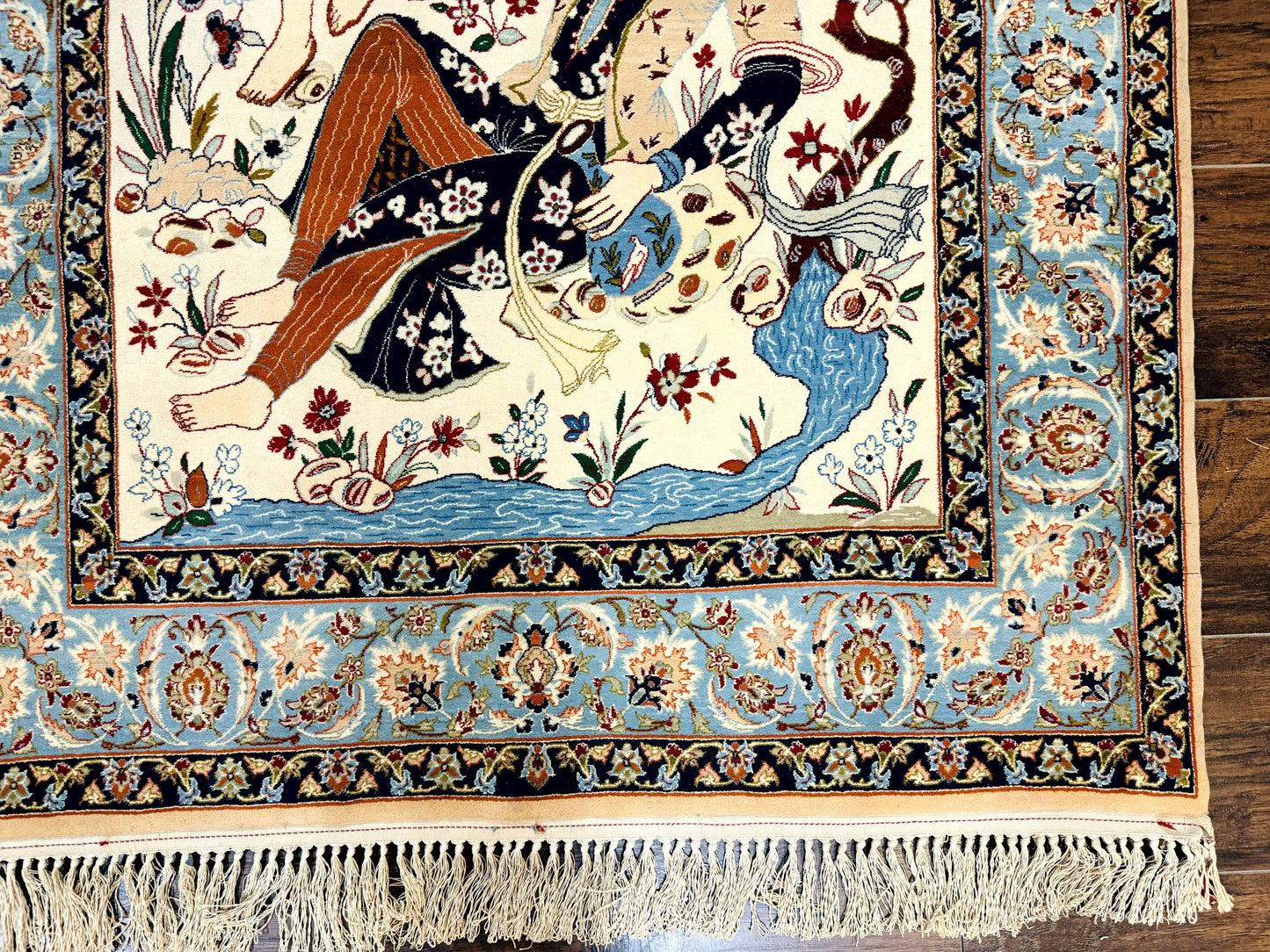 Persian Isfahan Pictorial Rug Two Lovers Kork Wool On Silk Foundation Ivory And Light Blue 500 KPSI Super Fine