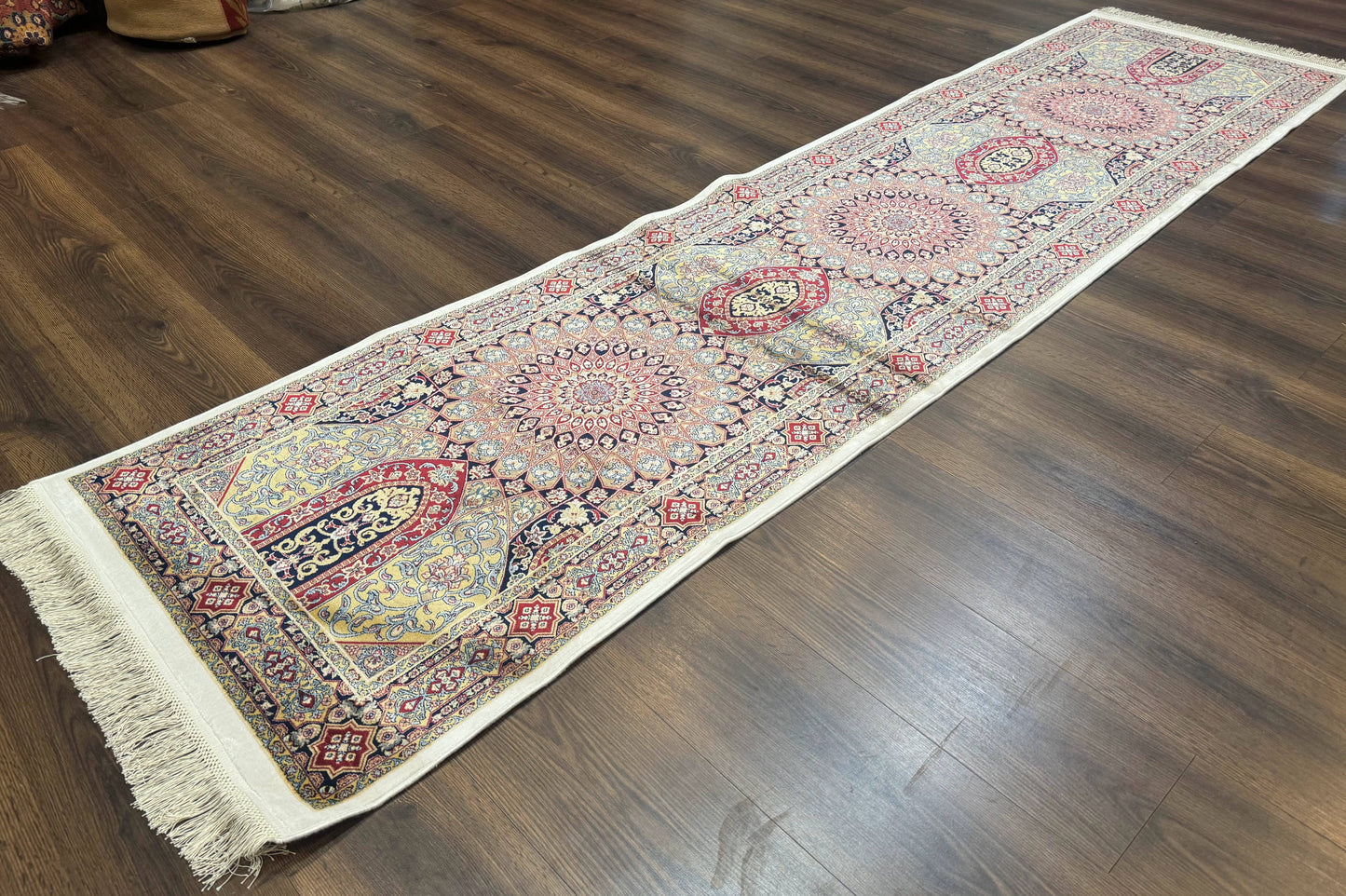 Turkish Silk Runner Rug 2.6x10 Dome Design Hereke Bamboo Silk Classic Runner