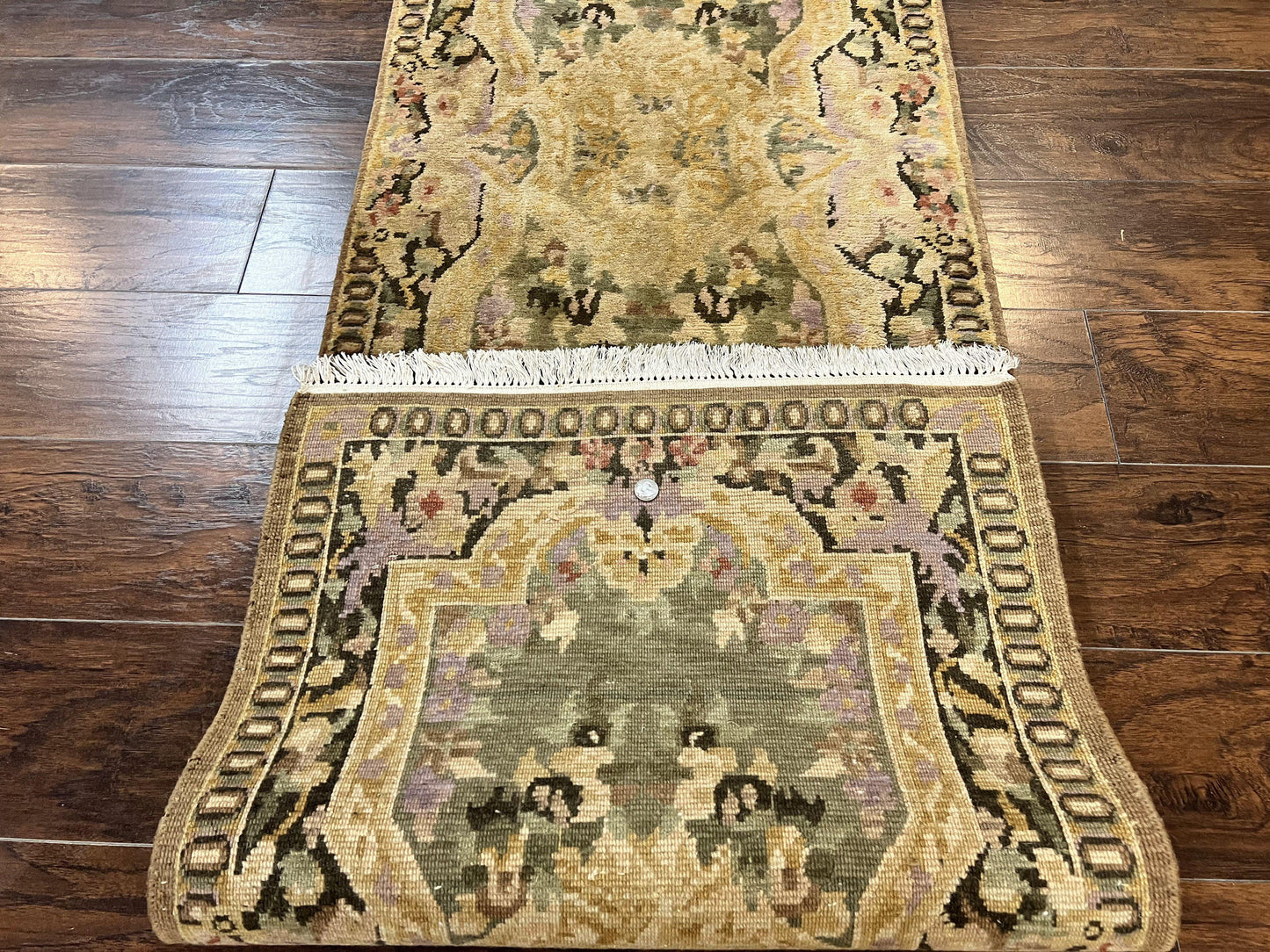 Tibetan Runner Rug Wool 2.6 By 10 Vintage Handmade European Aubusson Pattern Hallway
