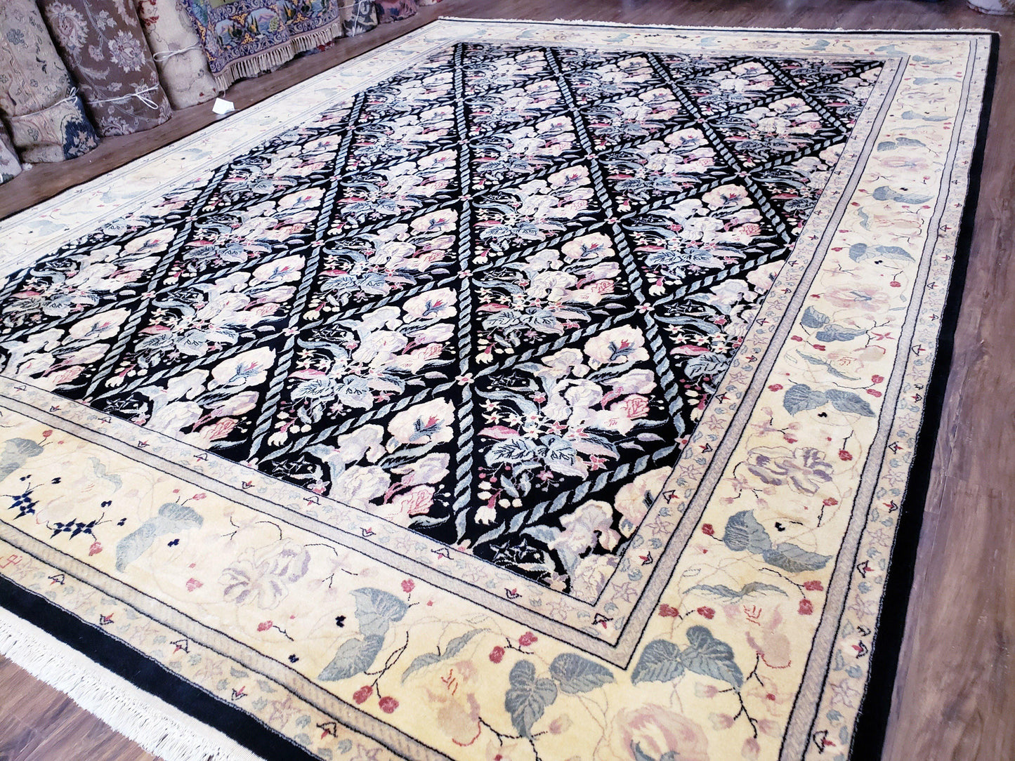 Black Kirman Rug Wool Handmade Floral Oriental Carpet 8x11 Room Size