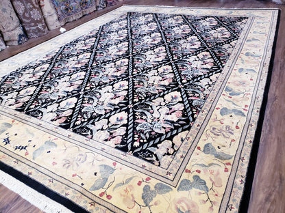 Black Kirman Rug Wool Handmade Floral Oriental Carpet 8x11 Room Size