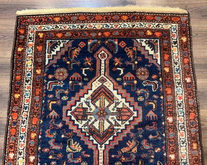 Persian Hamadan Rug 4x6 Antique Navy Blue Geometric Double Medallions Tribal Carpet