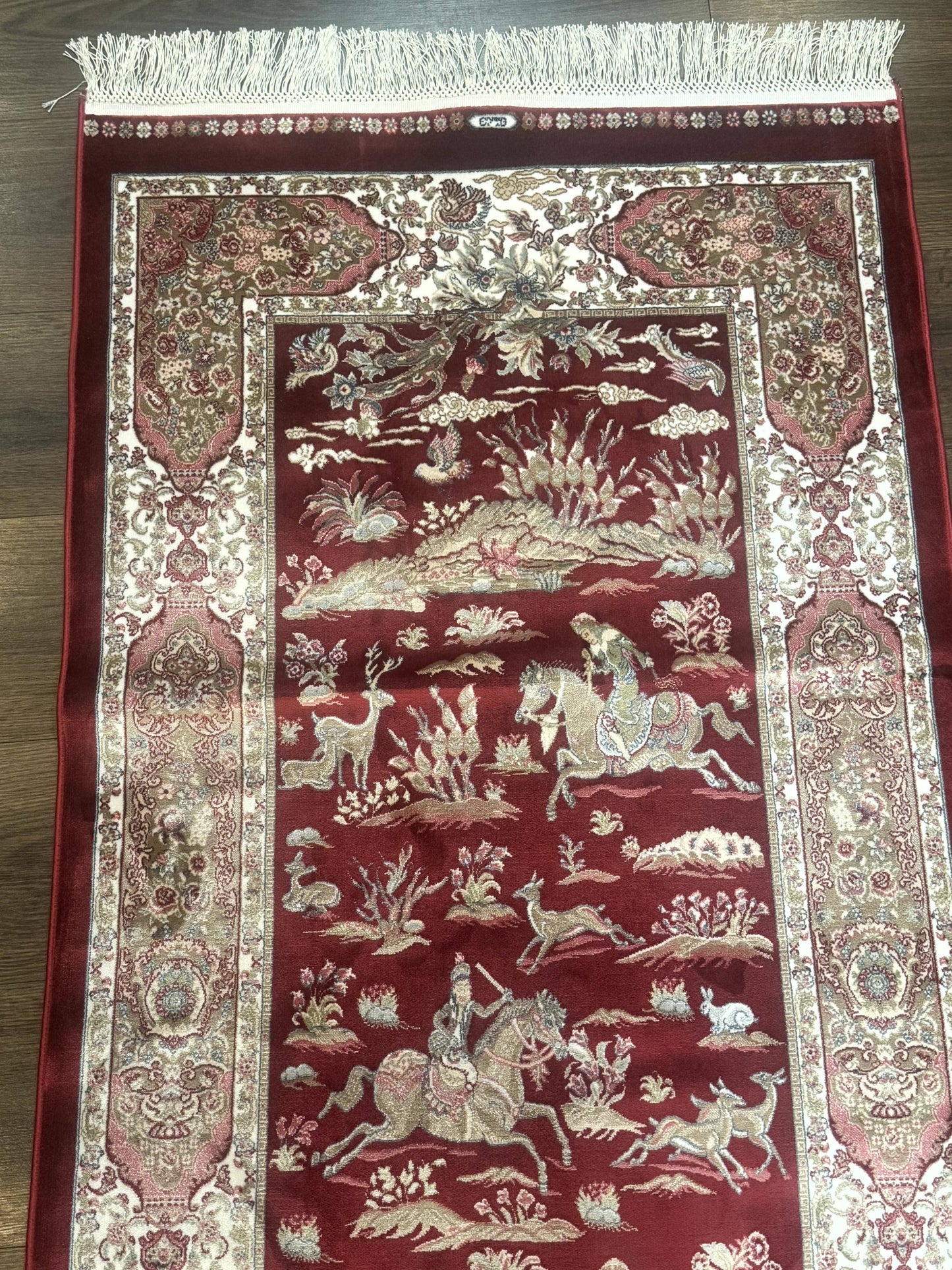 Turkish Silk Rug Runner 2.6 By 6.7 Red Ivory Hunting Design Bamboo Silk Contemporary