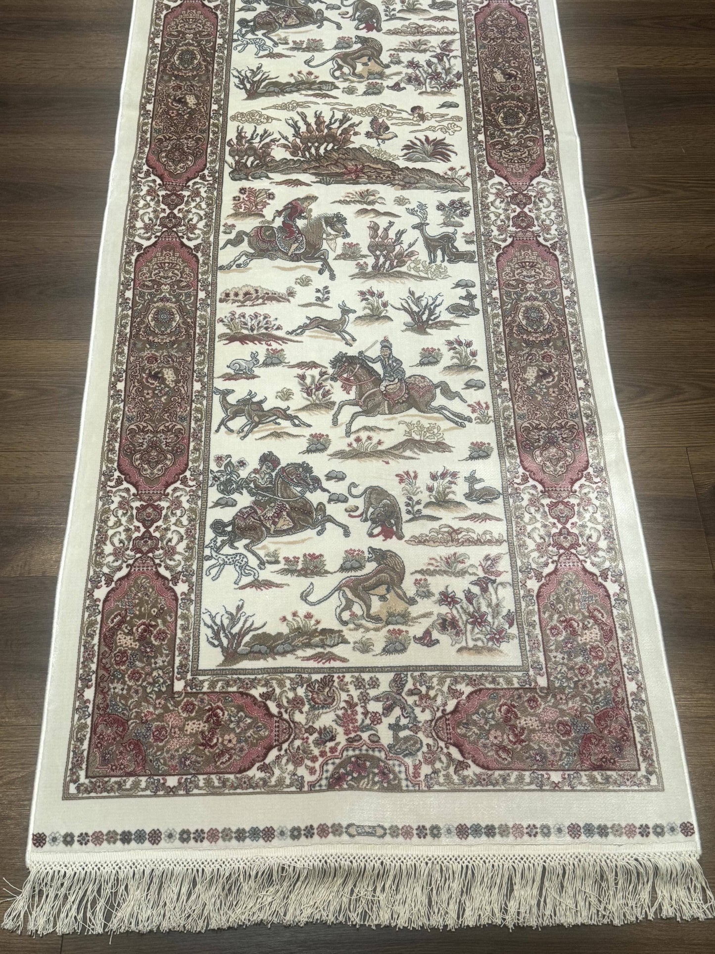 Turkish Silk Runner Rug 2.6 x 8 Ivory Bamboo Silk Hunting Design