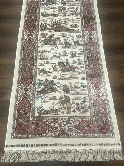 Turkish Silk Runner Rug 2.6 x 8 Ivory Bamboo Silk Hunting Design