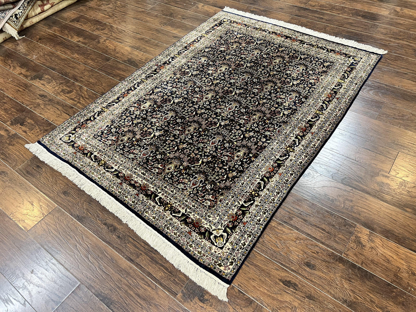 Kashmiri Silk Rug 5x7 Navy Blue Indo Persian Hand Knotted Birds Pattern Silk Carpet