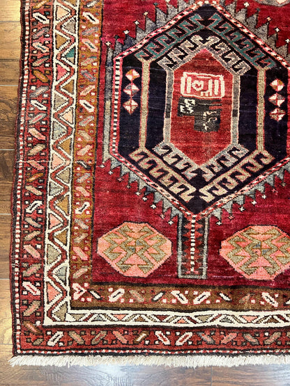 Persian Heriz Runner Rug 3.8 By 8.6 Hand Knotted Wool Geometric Triple Medallions Hallway Decor