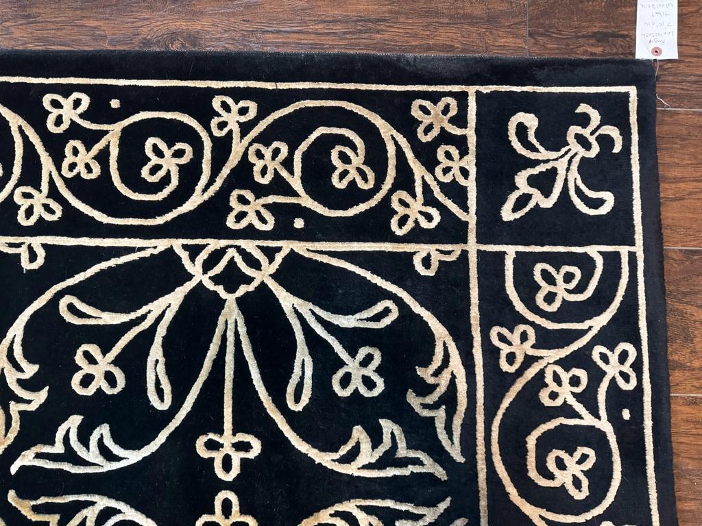 Tibetan Rug 8x10 Wool Silk Handmade With Raised Pattern Black And Gold Floral