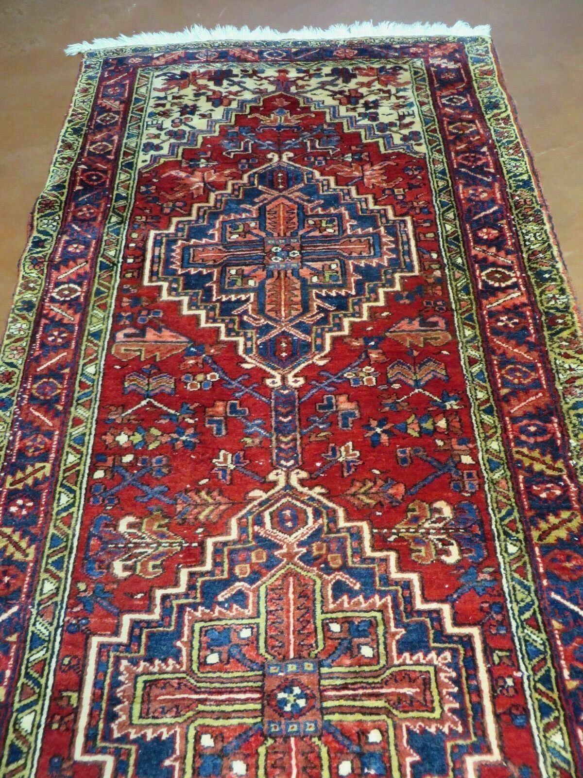 Heriz Persian Runner Rug Hand Knotted Wool Medallion Design Antique Oriental Hallway Rug 3 Ft 9 In By 10 Ft 8 In