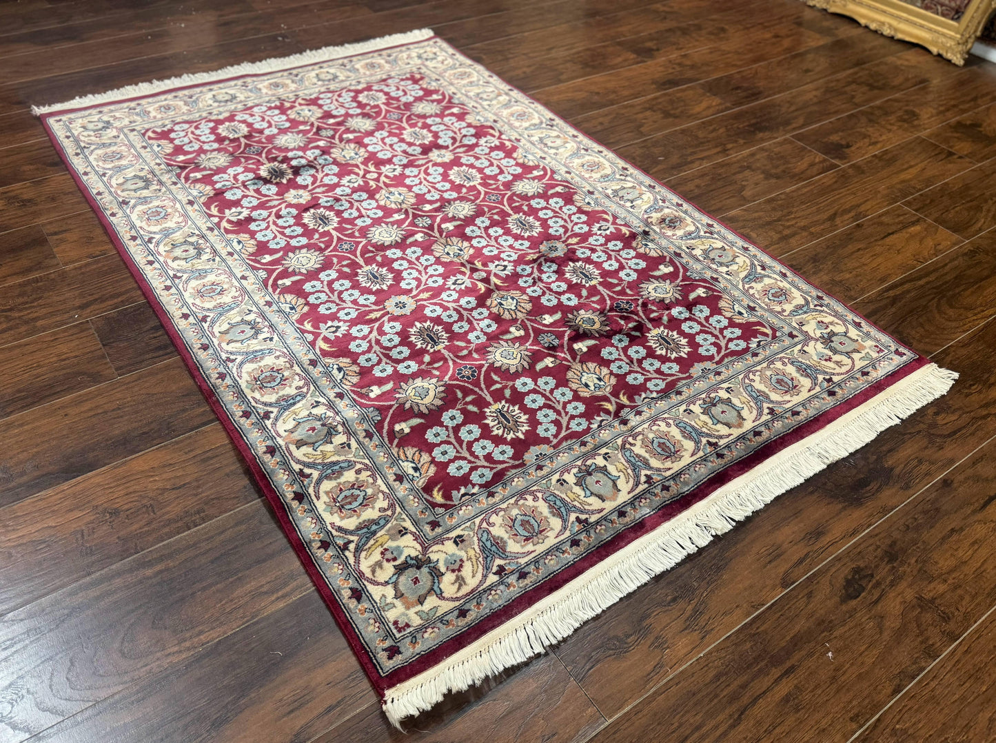 Persian Wool Rug 4x6 Floral Allover Vintage Plum And Ivory Handmade