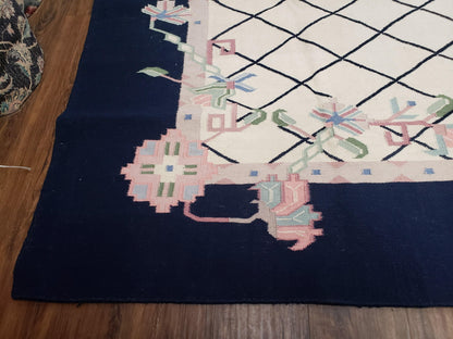 Vintage Wool Dhurrie Rug Handwoven Indian Kilim Flatweave Black White