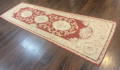 Aubusson Runner Rug 3x10 Handmade Wool European Design in Red and Beige