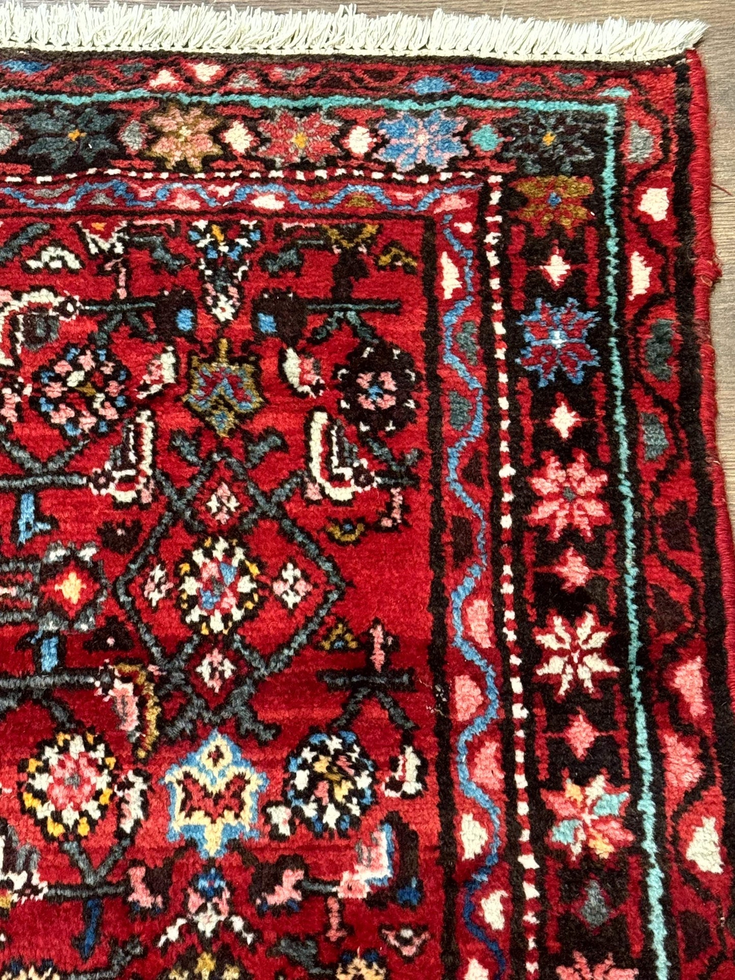 Red Persian Rug Hamadan 4x7 Vintage Wool Village Carpet With Floral Geometric Border