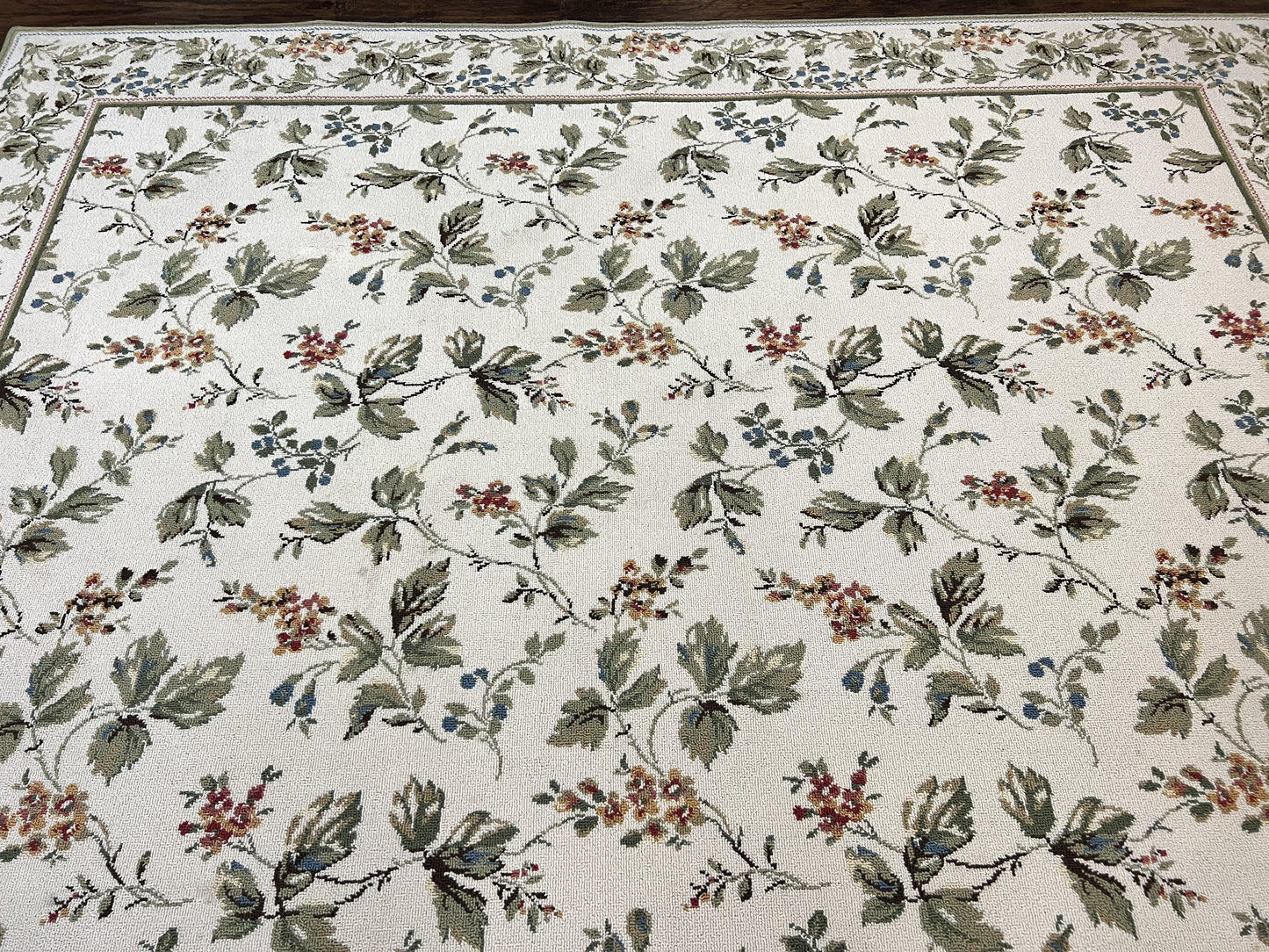 Stark Rug Vintage 7x10 Ivory And Green European Aubusson Design Wool Floral Carpet