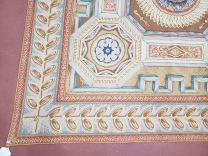 Needlepoint Wool Rug Handmade 8x14 Flatweave Panel Design For Dining Room