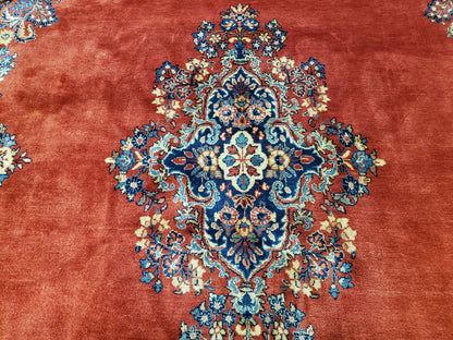 Semi Antique Persian Sarouk Rug 9x12 Hand Knotted Wool With Central Medallion Tomato Red