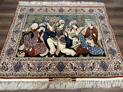 Persian Pictorial Rug Five By Four Feet Isfahan Kork Wool On Silk Foundation Master Weaver Signature Birds And Drums