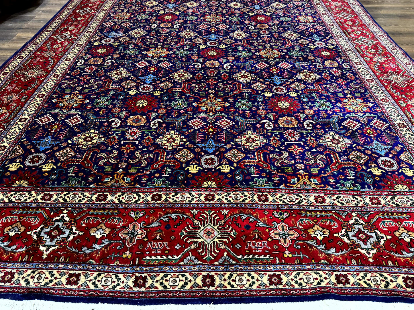 Large Persian Tabriz Rug 10x16 Navy Blue And Red Allover Pattern Hand Knotted Wool Carpet