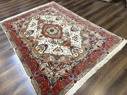 Persian Tabriz Rug 5x7 Ivory and Coral Medallion Fine 440 KPSI