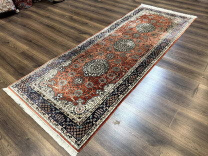 Turkish Silk Runner Rug 3x8 Hand Knotted Red Floral Medallions Vintage Kayseri