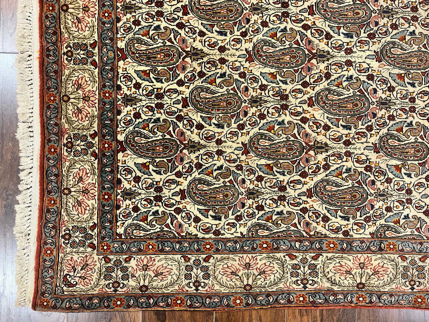 Persian Qum Rug 5x6 Cream Wool Hand Knotted Carpet With Repeated Boteh Paisley Design Semi Antique Vintage