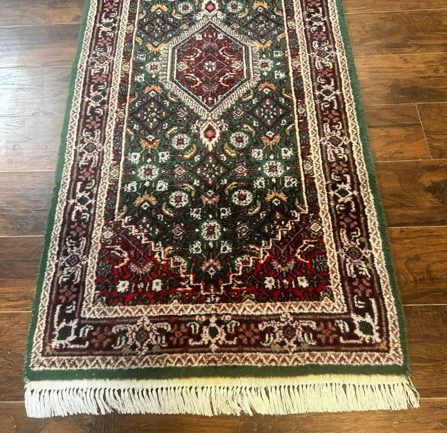 Indo Persian Bidjar Runner Rug 3x10 Green Red Hand Knotted Wool
