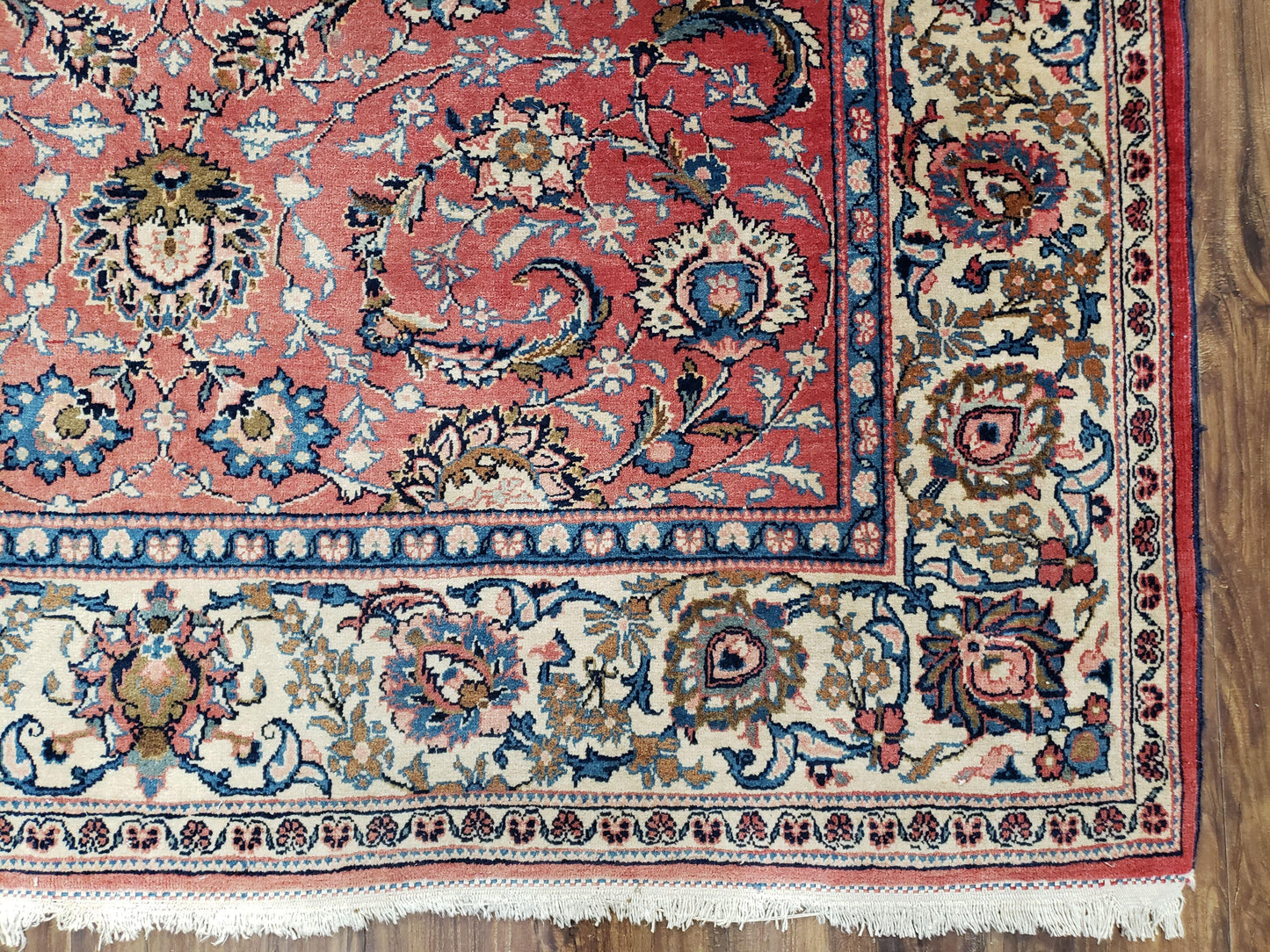Persian Kashan Rug Semi Antique Hand Knotted Wool Red And Cream 4 Ft 8 In By 6 Ft 6 In