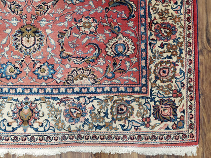 Persian Kashan Rug Semi Antique Hand Knotted Wool Red And Cream 4 Ft 8 In By 6 Ft 6 In