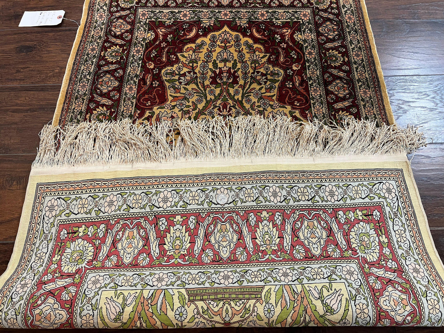 Hereke Silk Prayer Rug Tree of Life Handmade in Gold Burgundy