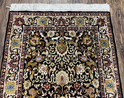 Sino Persian Silk Rug 3x5 Vintage Hand Knotted Carpet Black Ivory Gold With Floral And Animal Motifs
