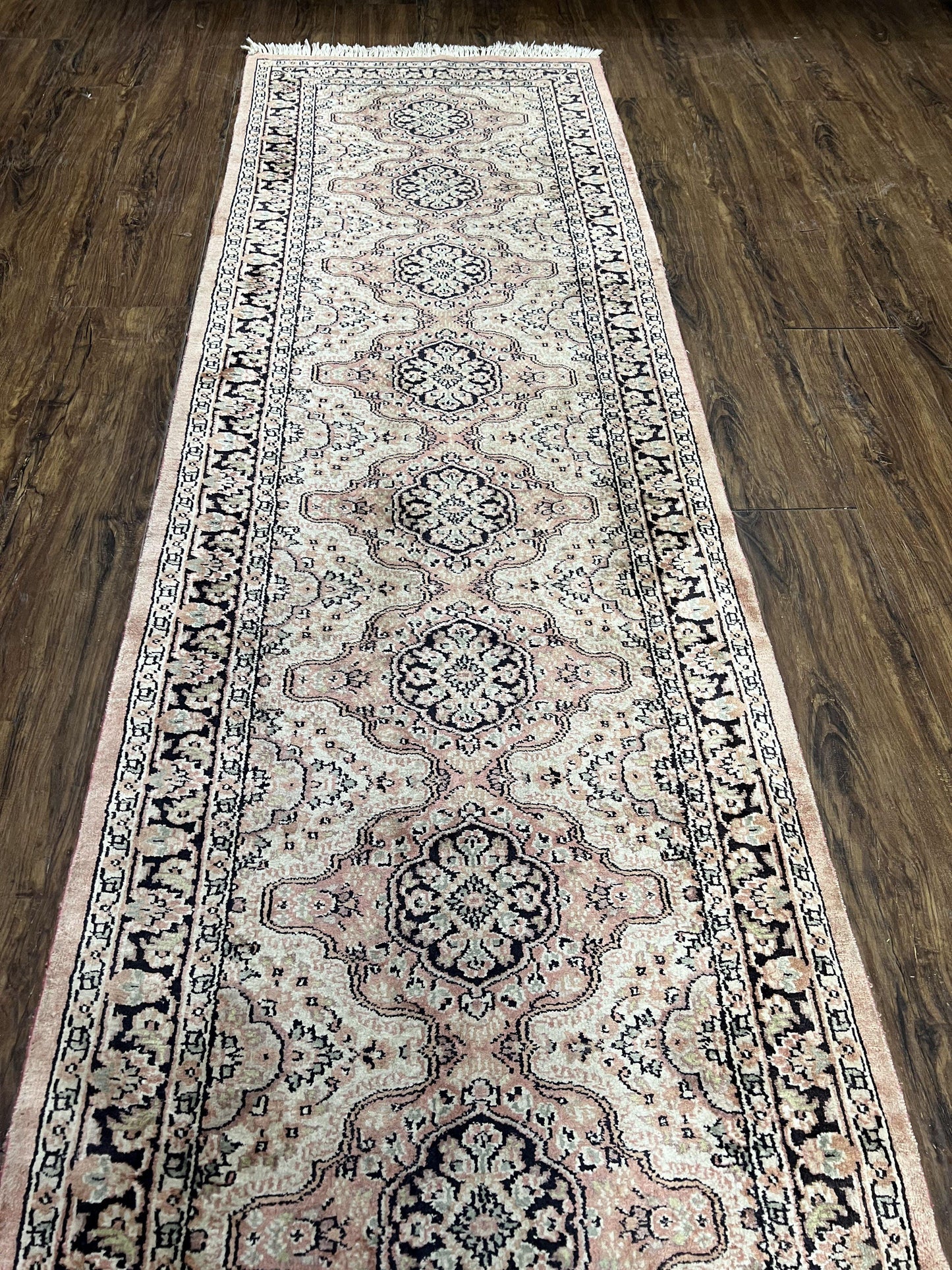 Silk Kashmiri Runner Hand Knotted Vintage Hallway Carpet Ivory Pink Medallion