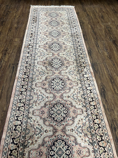 Silk Kashmiri Runner Hand Knotted Vintage Hallway Carpet Ivory Pink Medallion