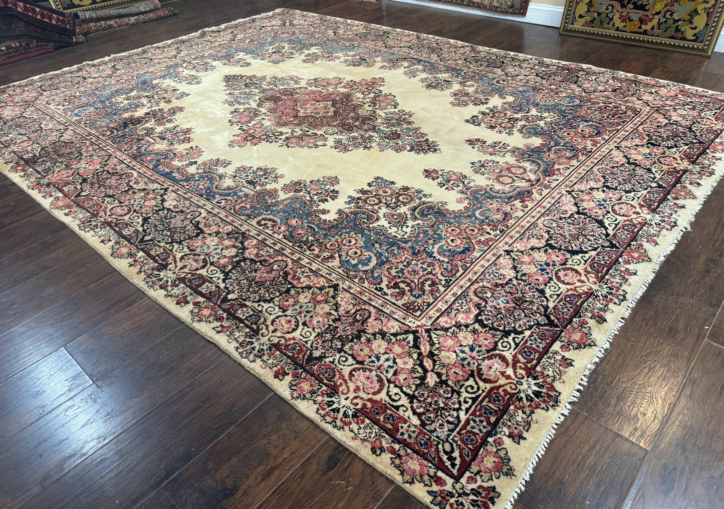 Persian Sarouk Rug 9x12 Ivory and Blue Hand Knotted Antique 1920s Semi Open Field Medallion