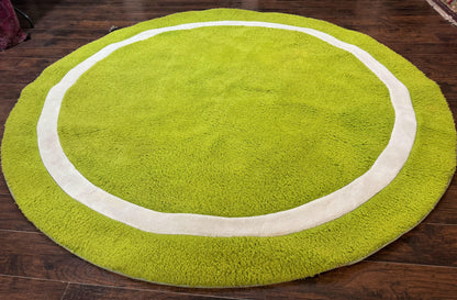 Vintage Lime Green Round Wool Rug 9x9 Hand Tufted Open Field